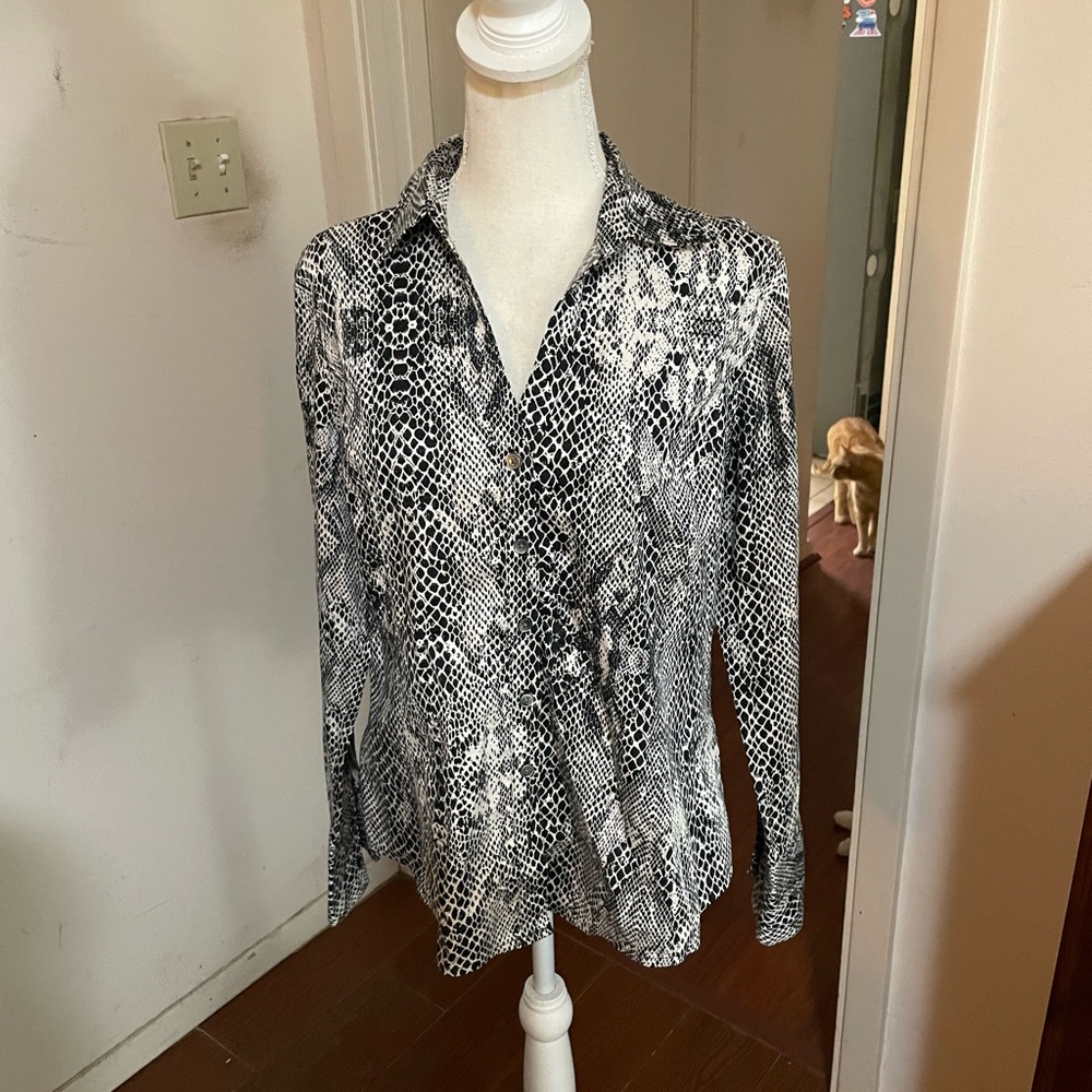 Calvin Klein Snakeskin shirt size LG black white button down long sleeve cotton - Picture 5 of 16